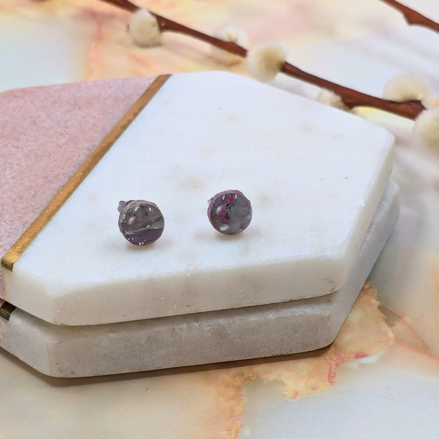 "Dottie" Marble Effect Polymer Clay Tiny Studs | Handmade Minimalist Earrings
