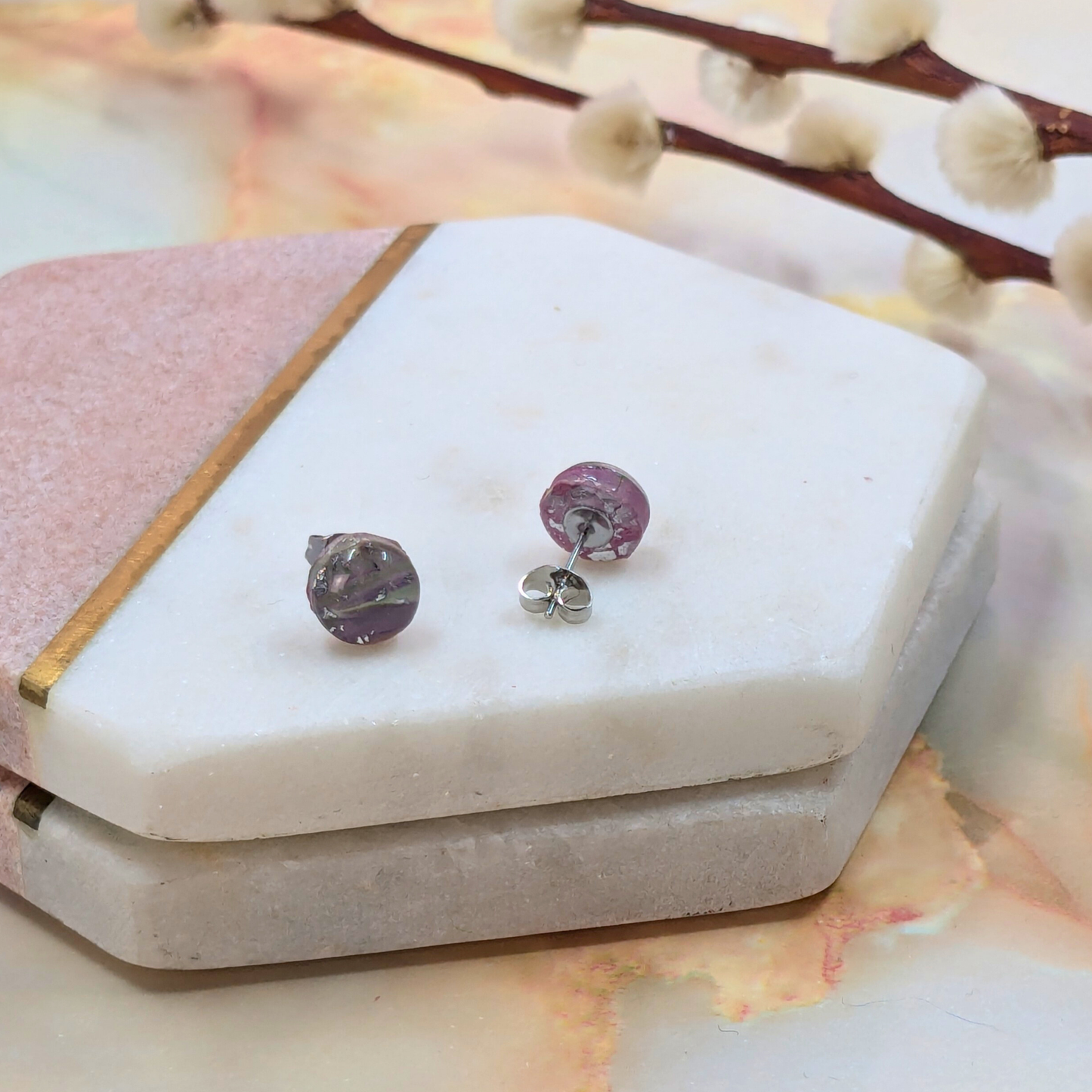 "Dottie" Marble Effect Polymer Clay Tiny Studs | Handmade Minimalist Earrings