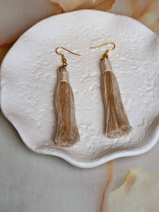 "Birdie" Ecru & Beige Colour Mix with 2 Colour Wrap Tassel Earrings Gold Plated