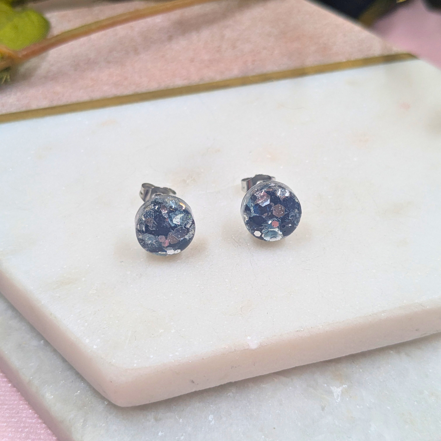 Bridget Black & Silver Glitter Small Resin Stud Earrings