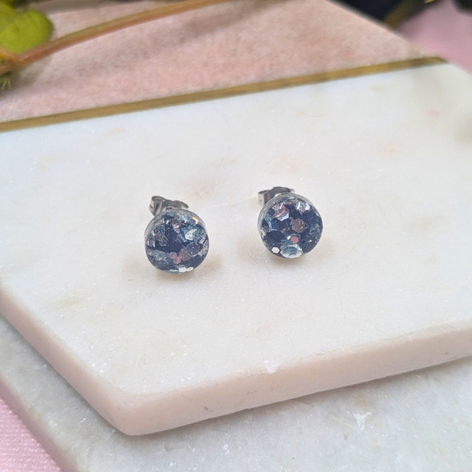 Bridget Black & Silver Glitter Small Resin Stud Earrings