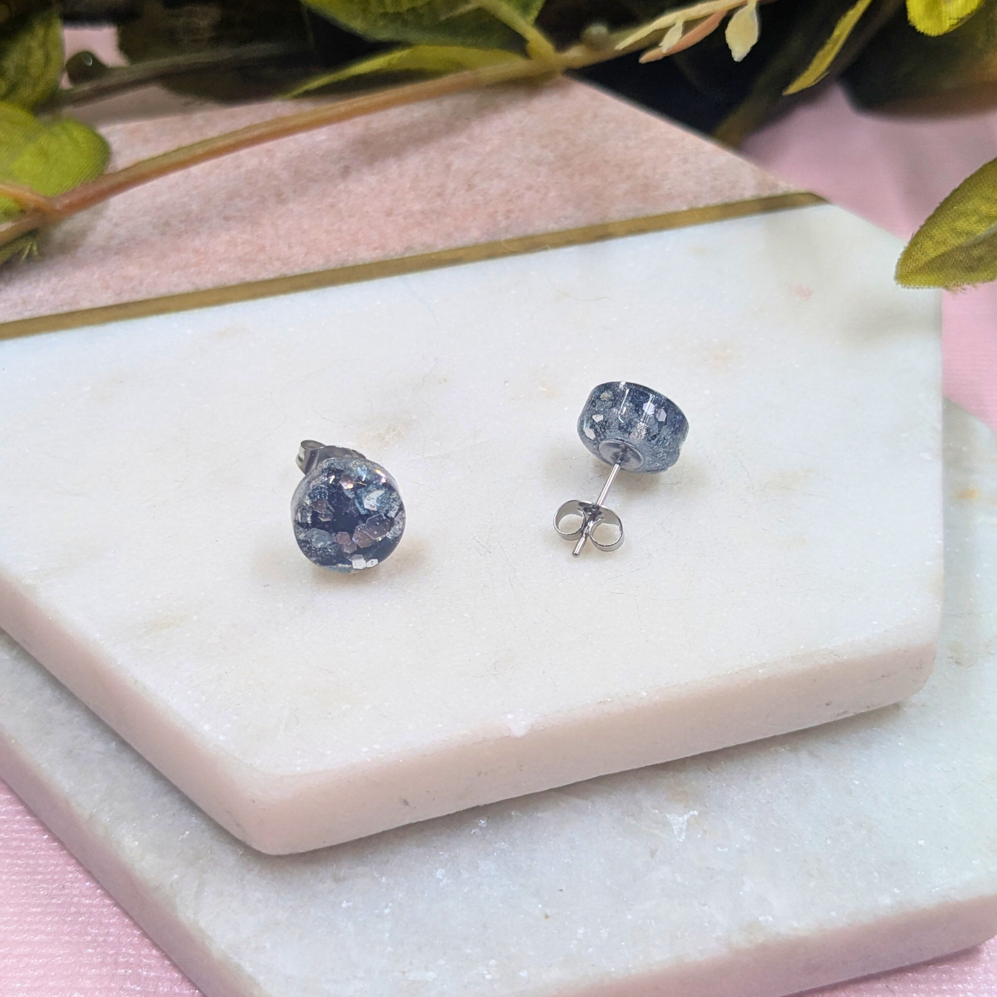Bridget Black & Silver Glitter Small Resin Stud Earrings