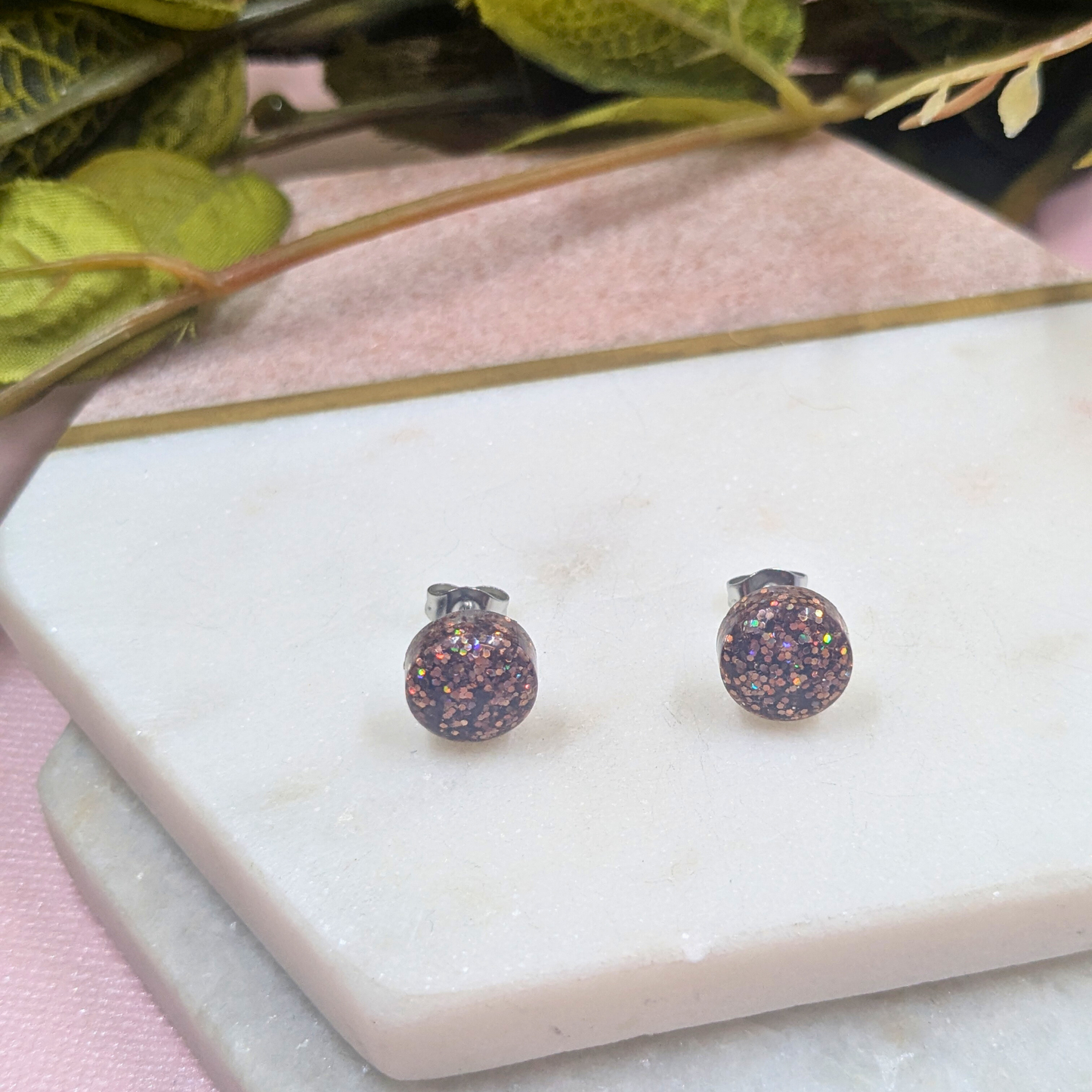 Bridget Brown Glitter Small Resin Stud Earrings | Subtle Sparkle by Created By Lau