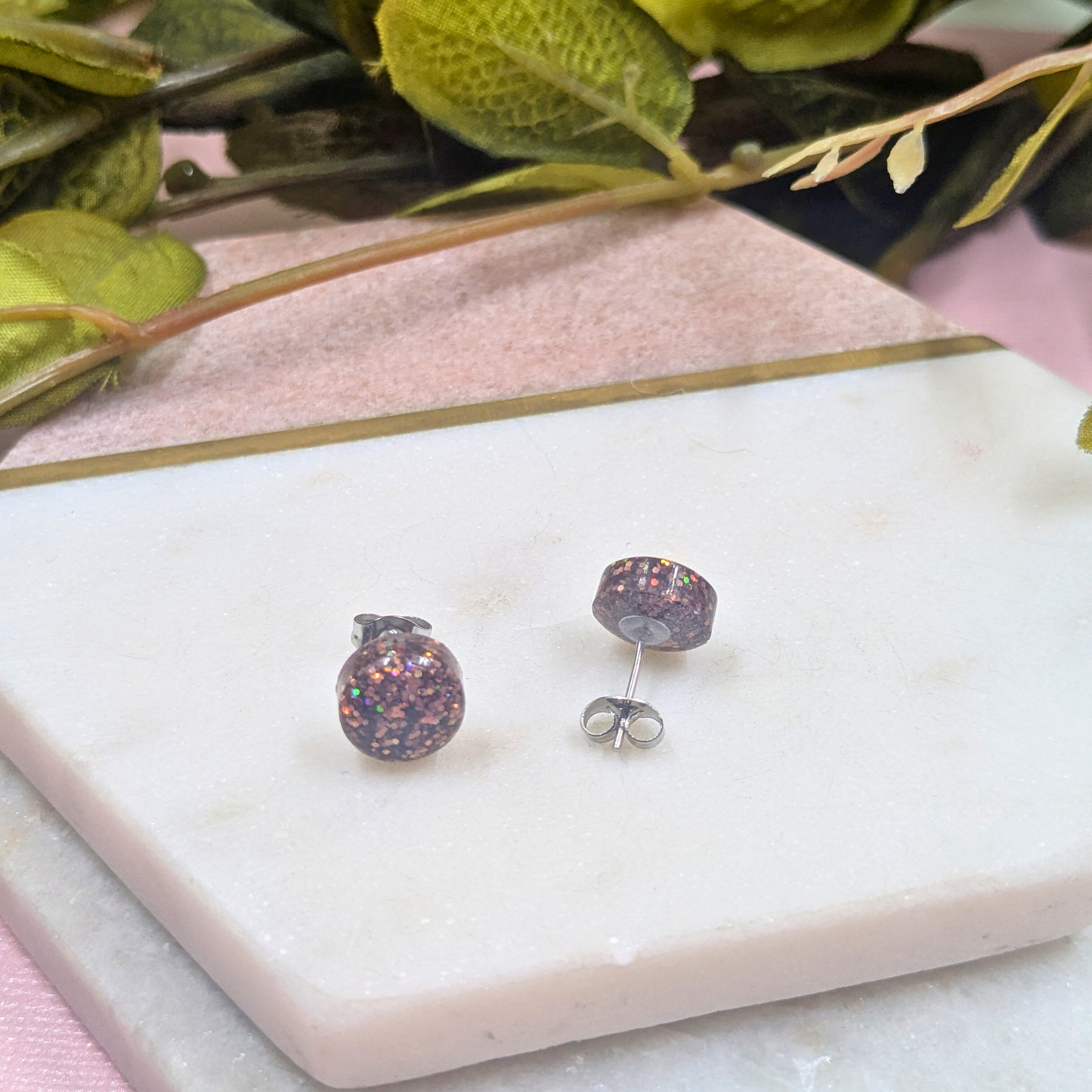 Bridget Brown Glitter Small Resin Stud Earrings | Subtle Sparkle by Created By Lau