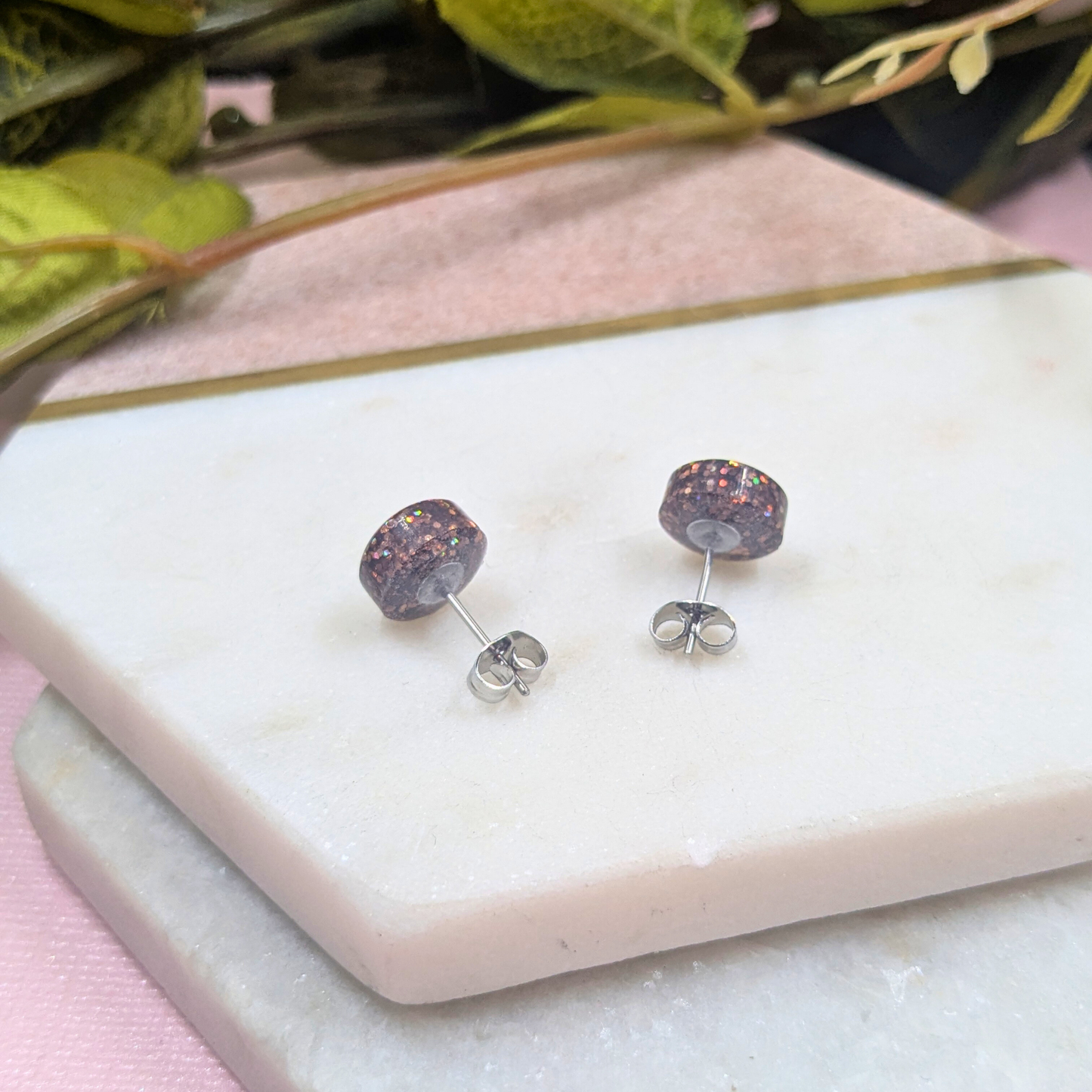 Bridget Brown Glitter Small Resin Stud Earrings | Subtle Sparkle by Created By Lau