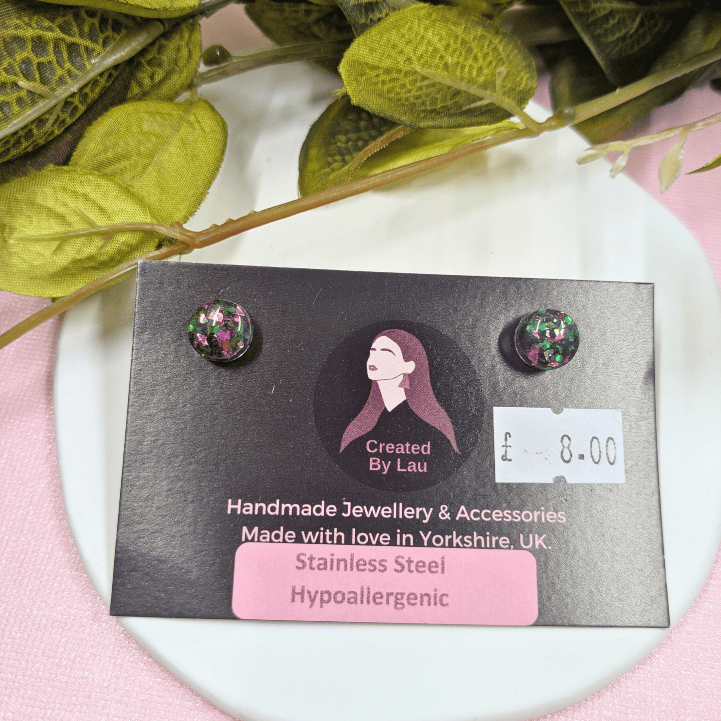 Bridget Green & Ruby Glitter Mix Small Resin Stud Earrings