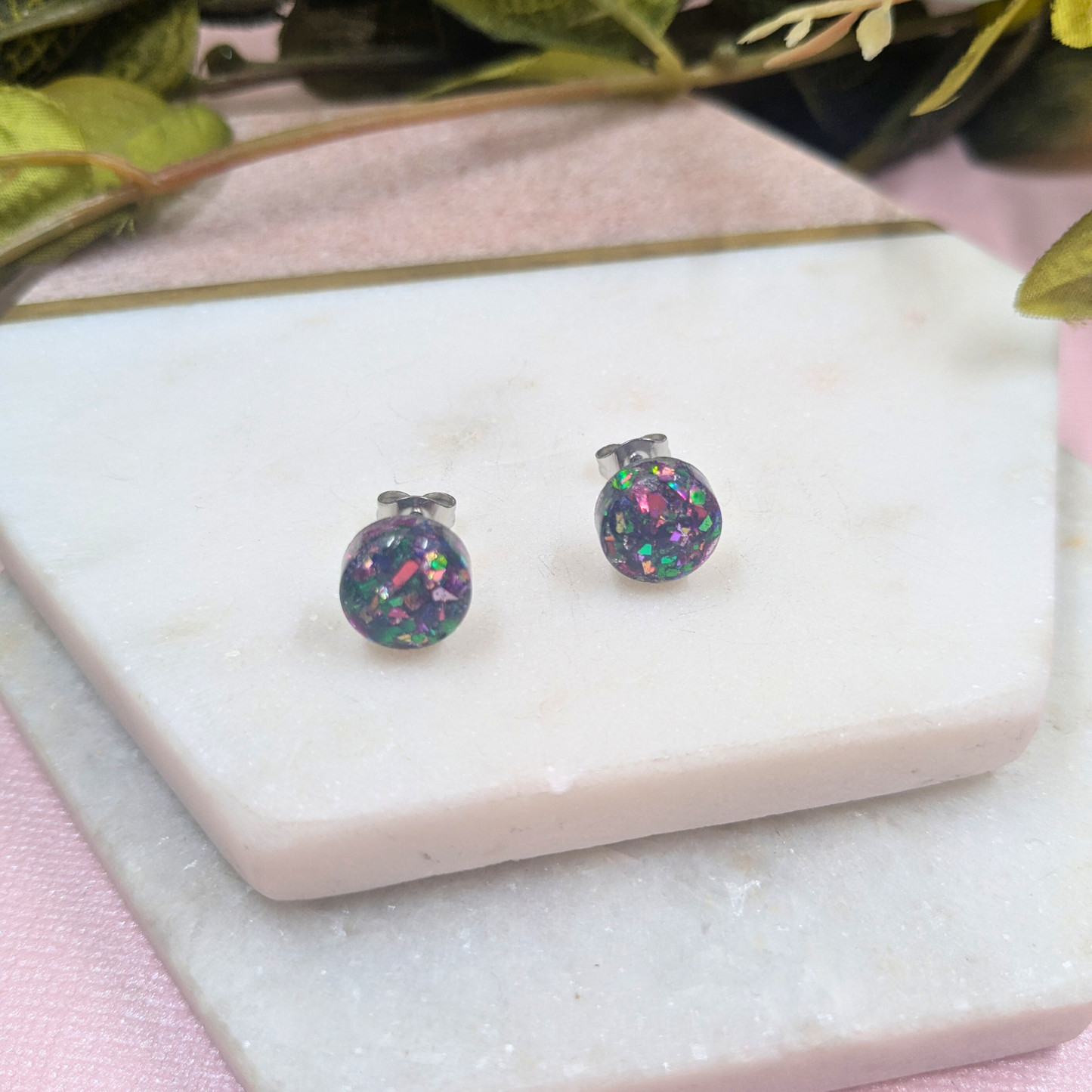 Bridget Green & Ruby Glitter Mix Small Resin Stud Earrings