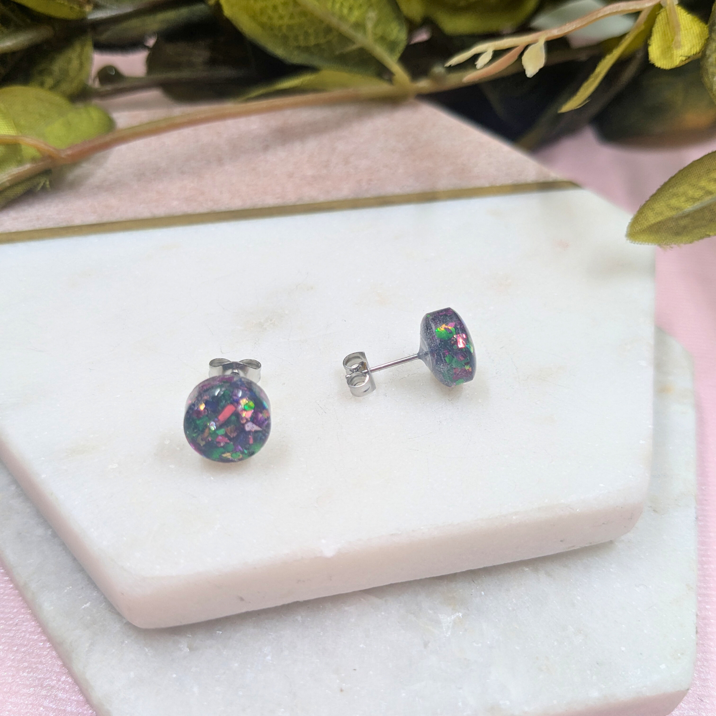 Bridget Green & Ruby Glitter Mix Small Resin Stud Earrings