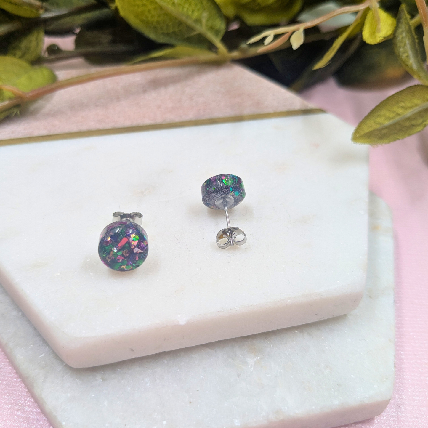 Bridget Green & Ruby Glitter Mix Small Resin Stud Earrings