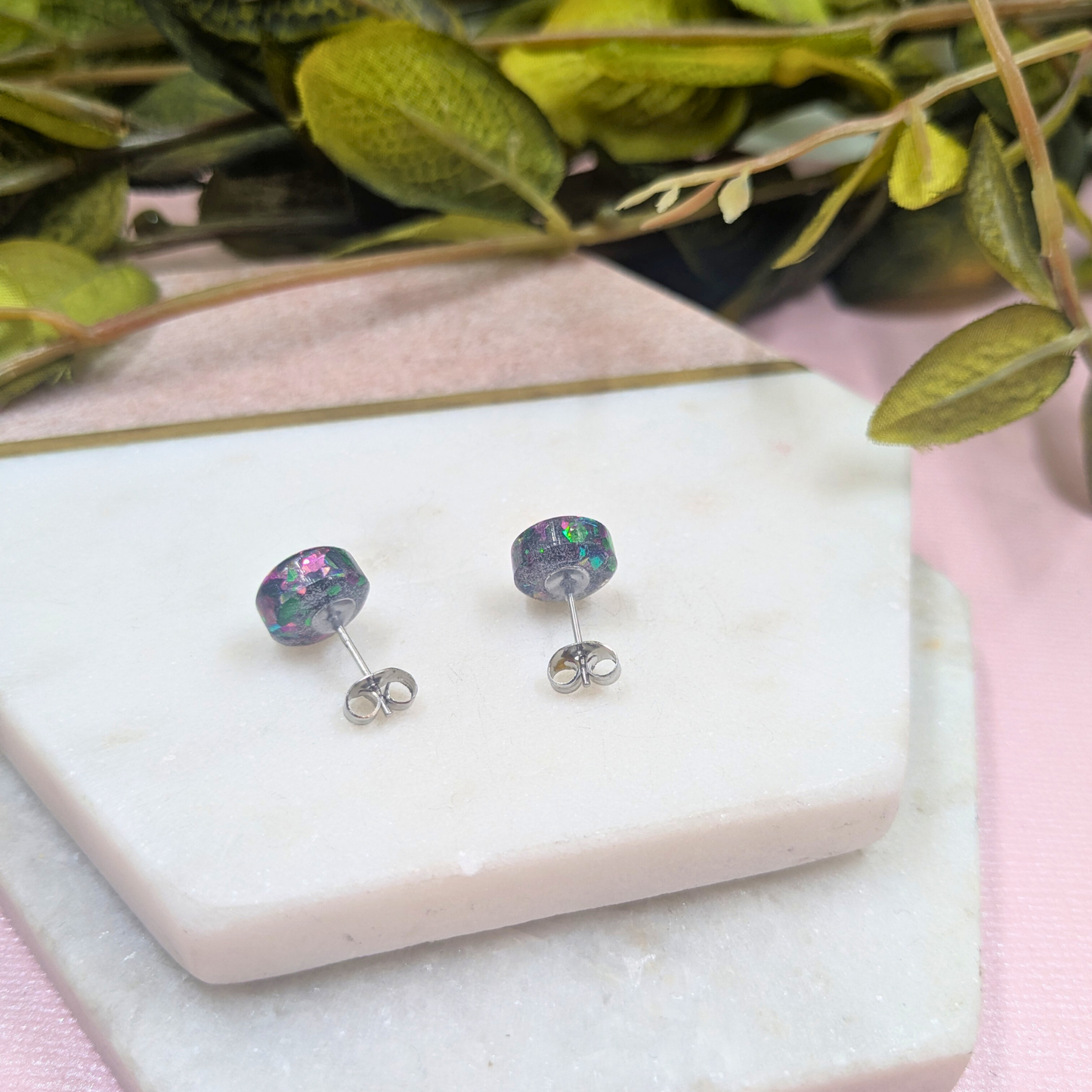 Bridget Green & Ruby Glitter Mix Small Resin Stud Earrings