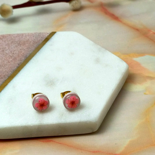 Bridgette Real Pink Flower Gold Stud Earrings | Dainty Botanical Jewellery by Created By Lau