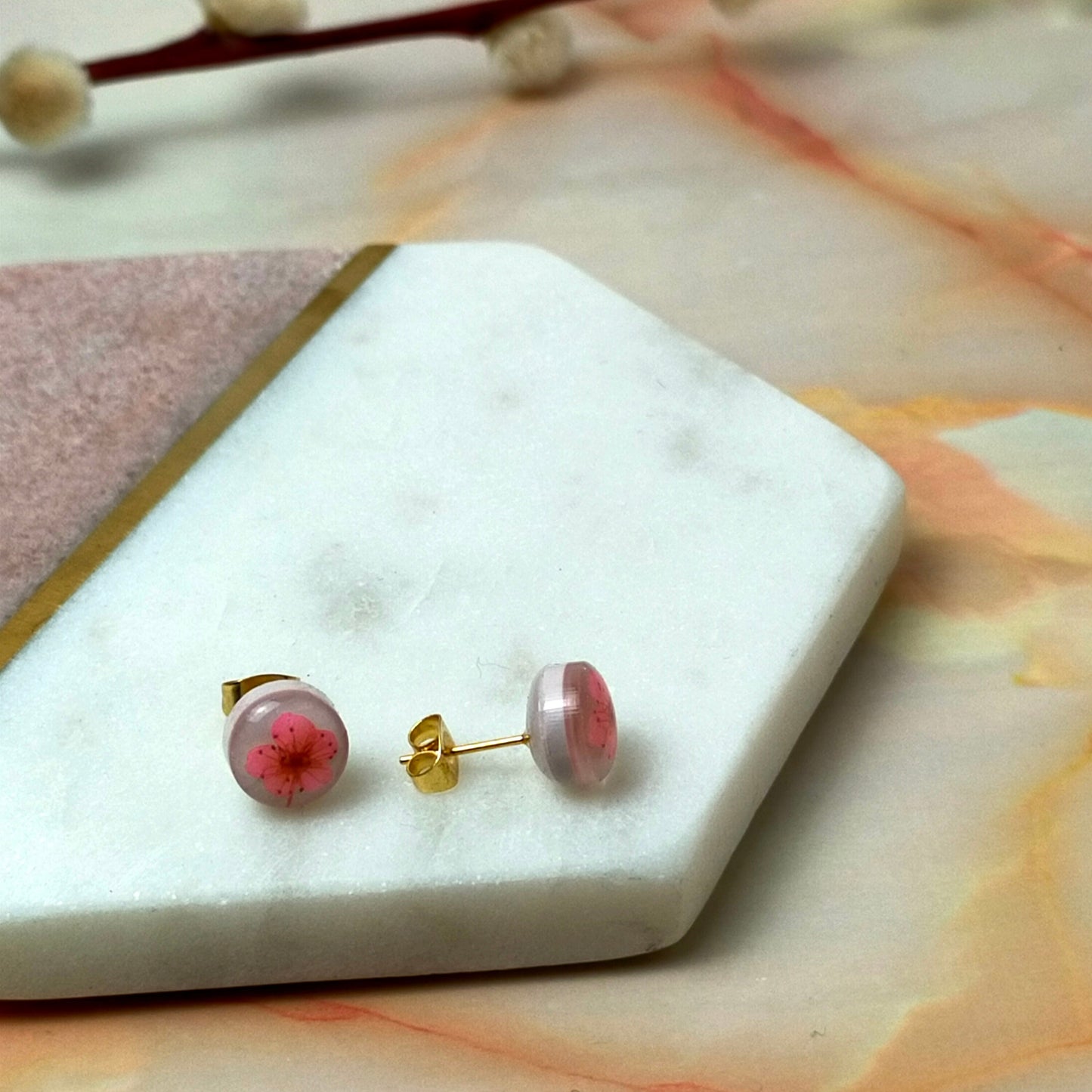Bridgette Real Pink Flower Gold Stud Earrings | Dainty Botanical Jewellery by Created By Lau