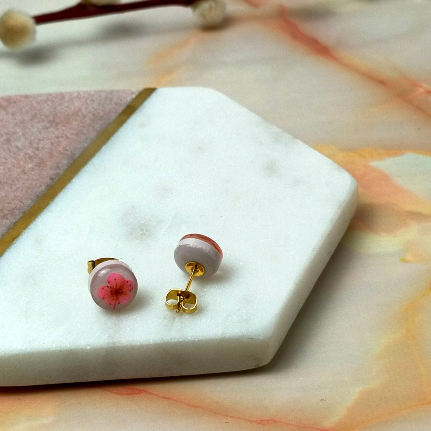 Bridgette Real Pink Flower Gold Stud Earrings | Dainty Botanical Jewellery by Created By Lau