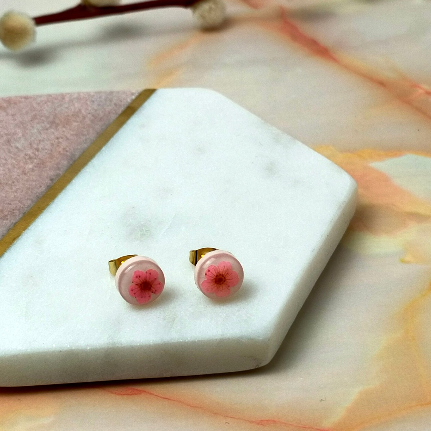Bridgette Real Pink Flower Gold Stud Earrings | Dainty Botanical Jewellery by Created By Lau