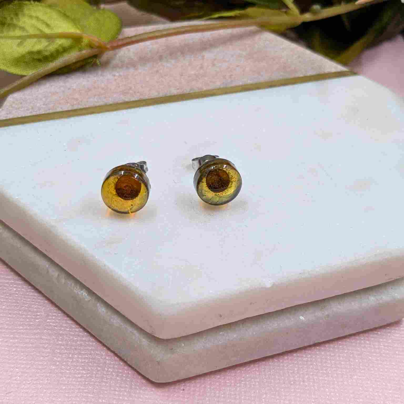 Close up of Bridget Tortoiseshell Small Resin Stud Earring - Handmade Yorkshire