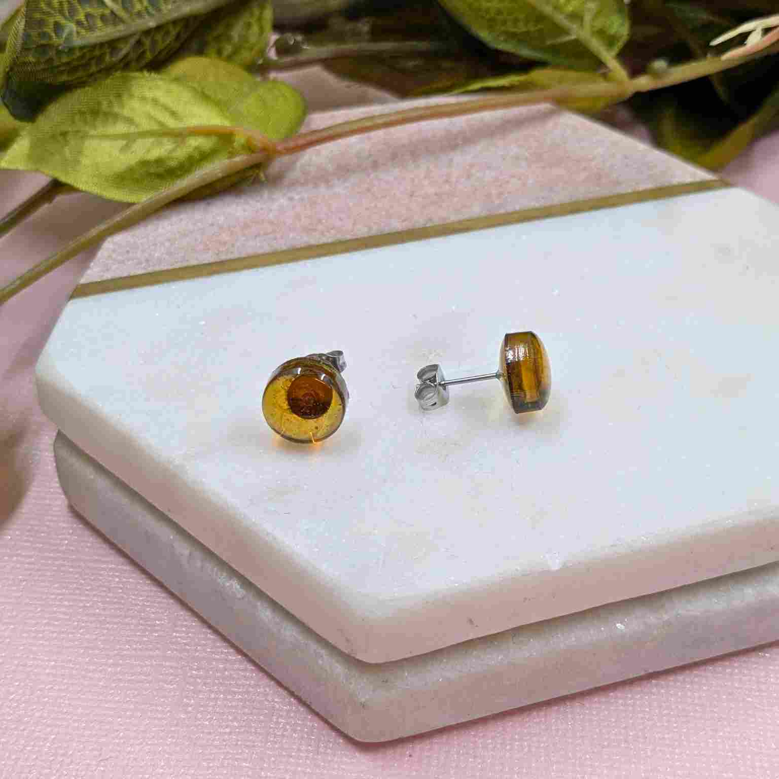 Pair of Bridget Tortoiseshell Small Resin Stud Earrings - Stainless Steel Side View