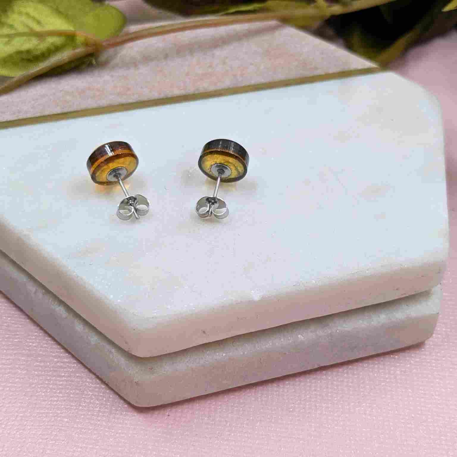 Pair of Bridget Tortoiseshell Small Resin Stud Earrings - Stainless Steel Both Back View
