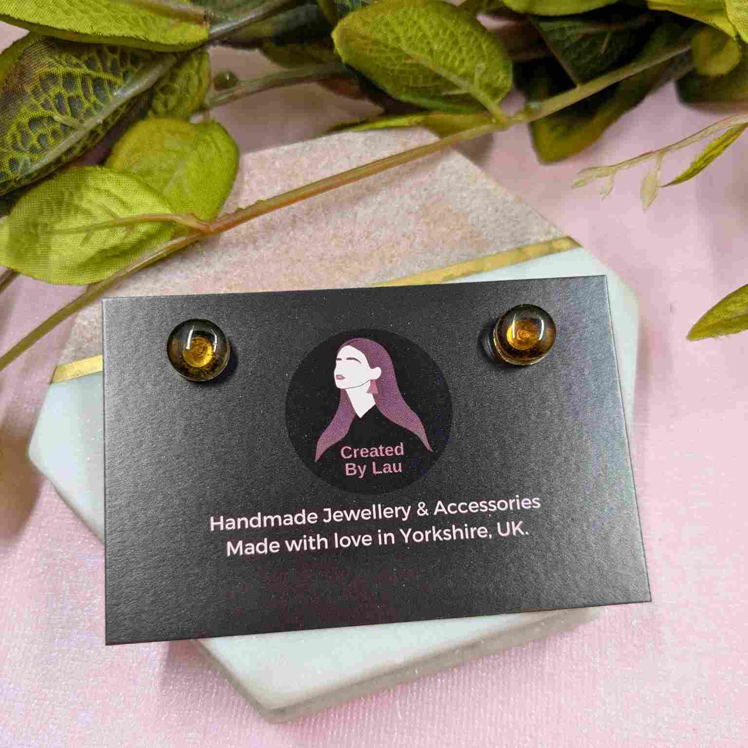 Pair of Bridget Tortoiseshell Small Resin Stud Earrings - Stainless Steel Packaged up