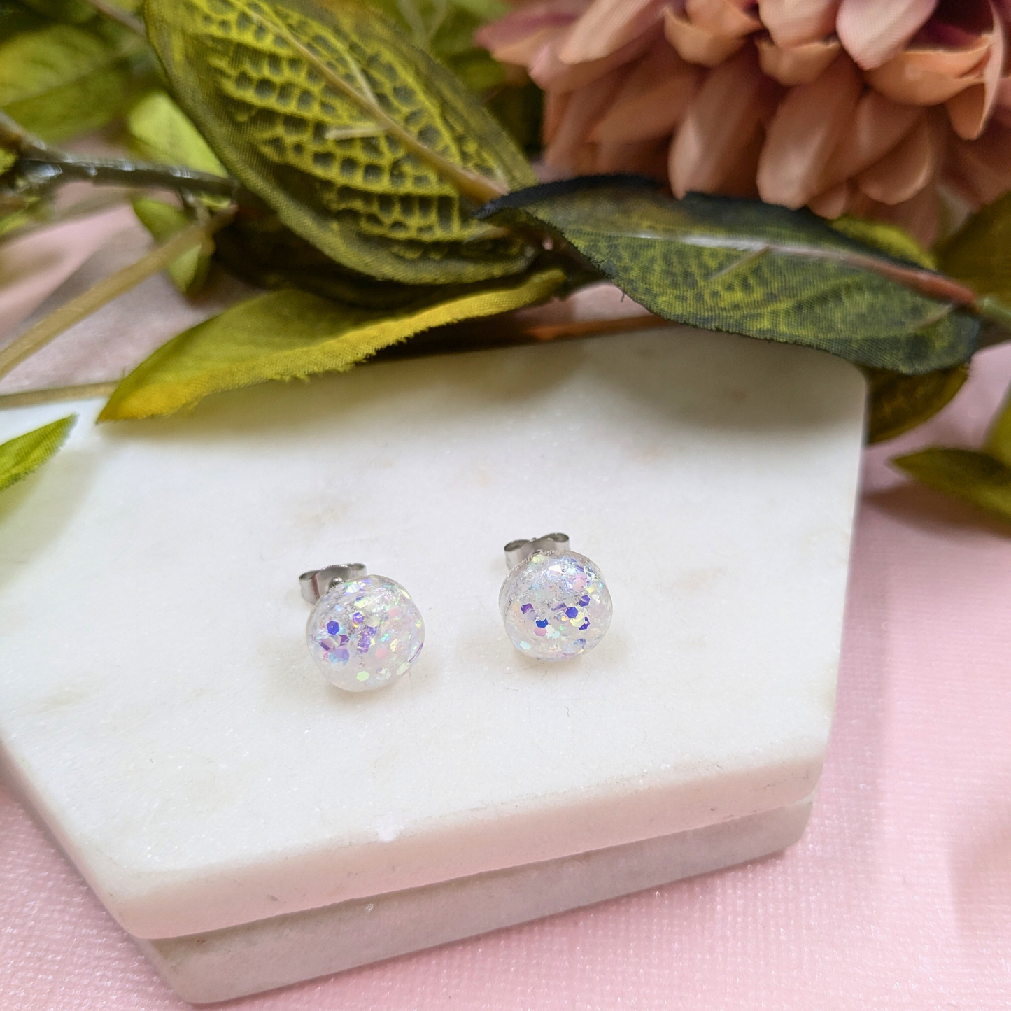 Bridget White Glitter Resin Stud Earrings | Dainty Sparkle by Created By Lau
