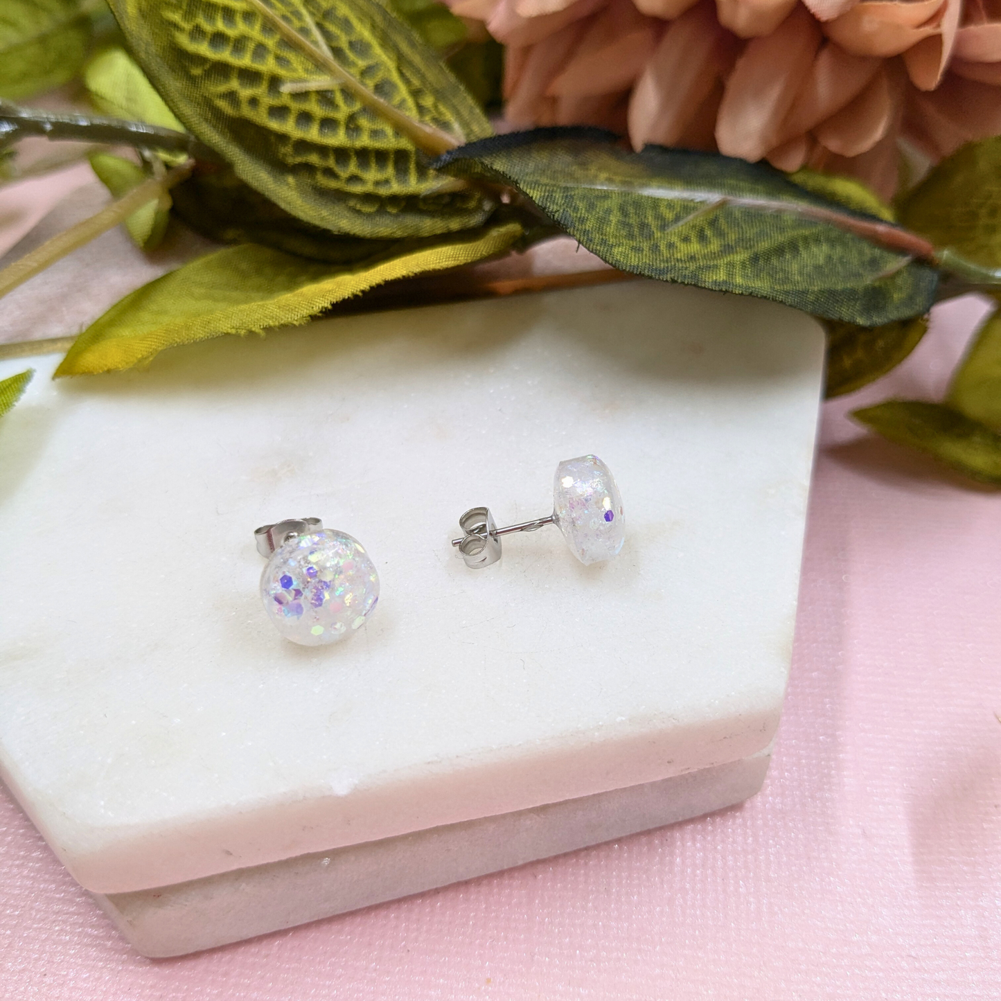 Bridget White Glitter Resin Stud Earrings | Dainty Sparkle by Created By Lau
