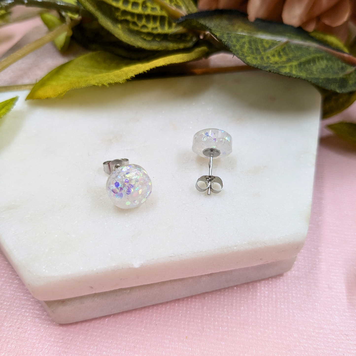 Bridget White Glitter Resin Stud Earrings | Dainty Sparkle by Created By Lau