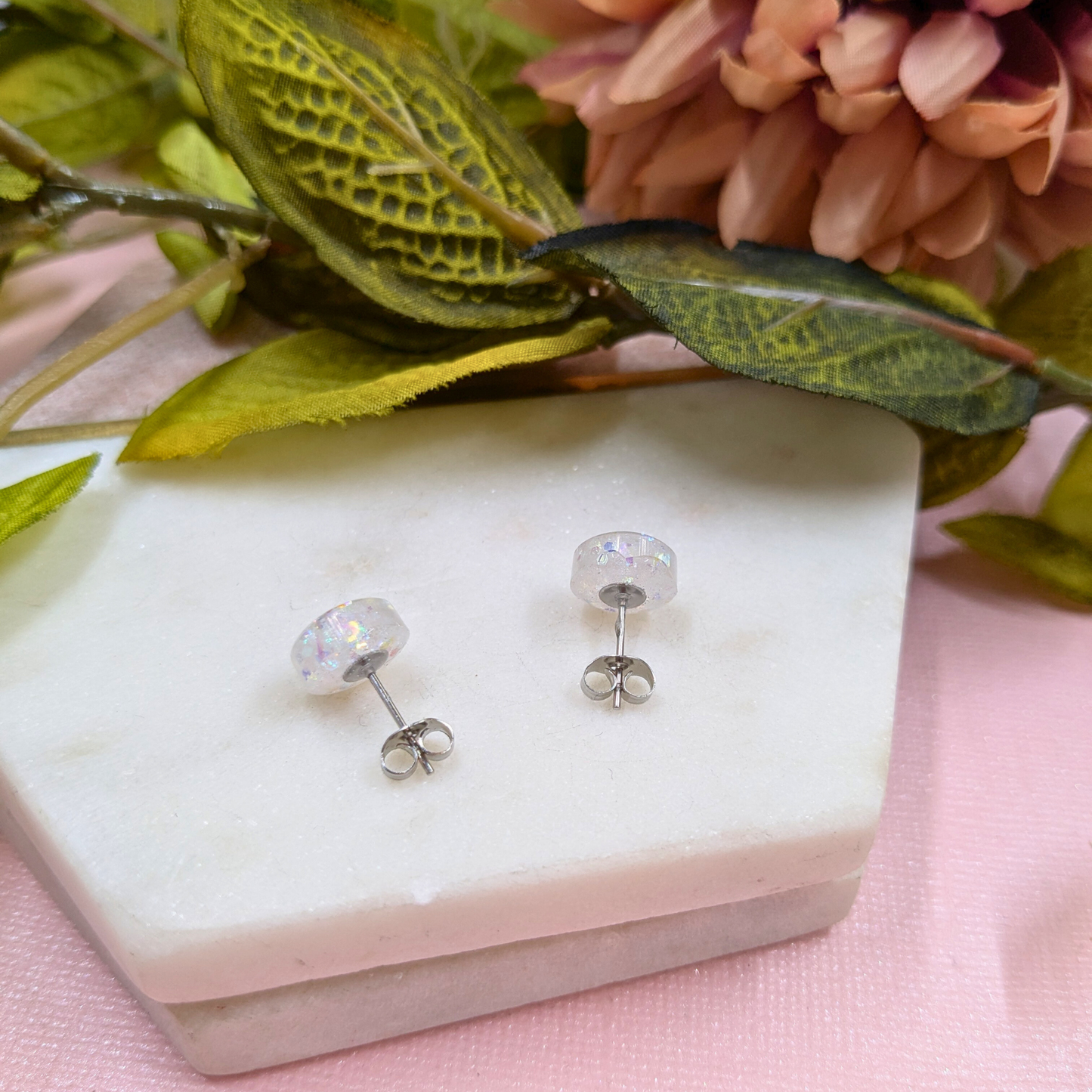 Bridget White Glitter Resin Stud Earrings | Dainty Sparkle by Created By Lau