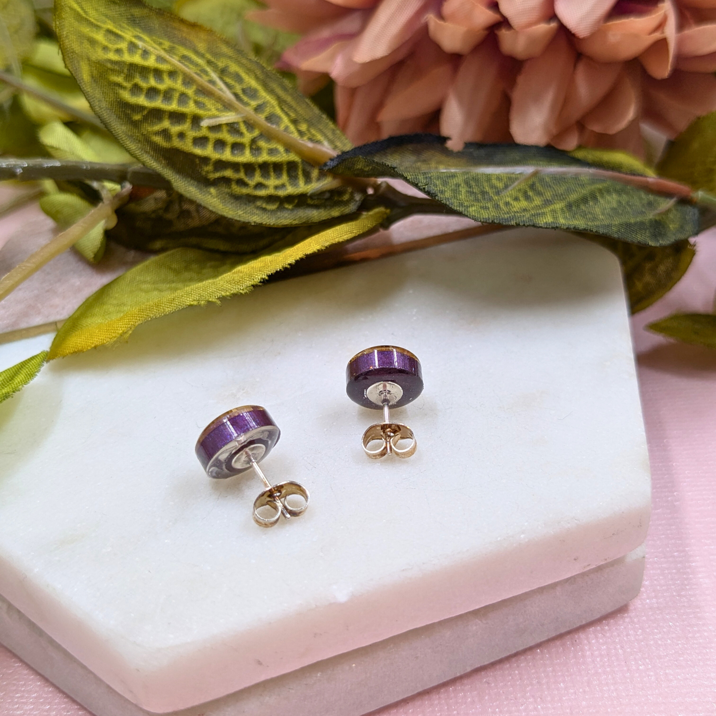 "Bridgette" Real Sambuca Flower with Gold Leaf Small Stud Earrings