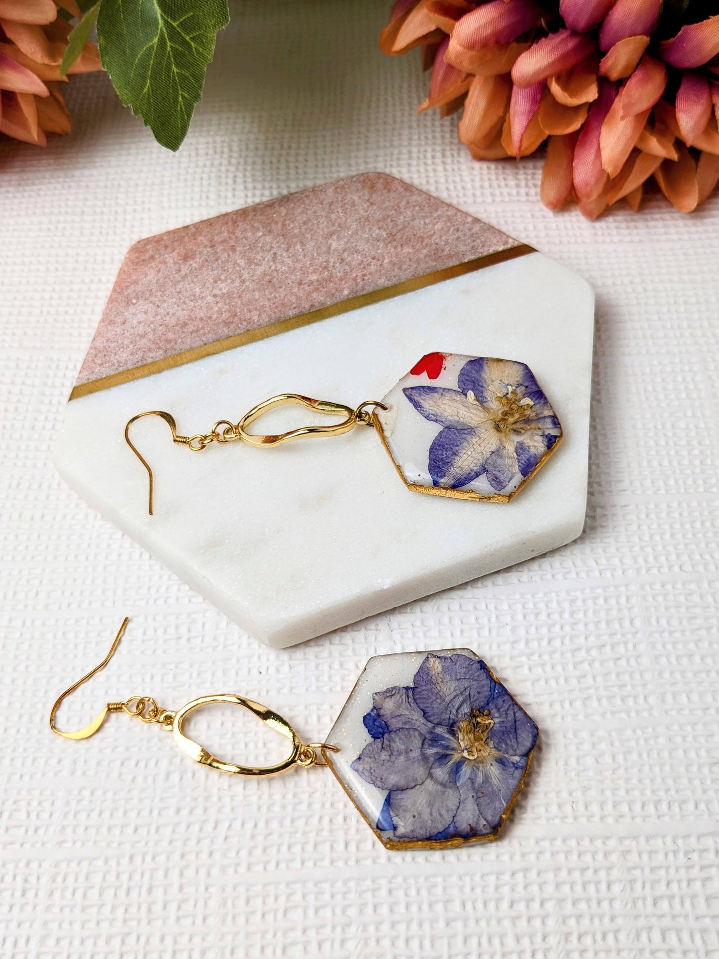 Polymer Clay Earrings with Real Purple Flower Dangles