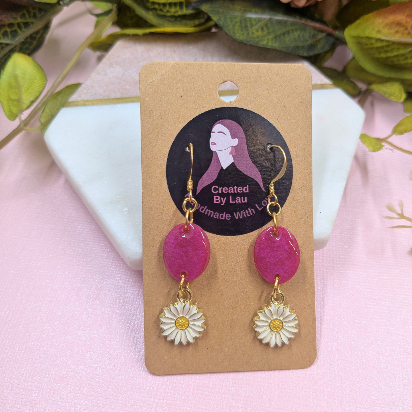 Bold Pink Resin Oval & Daisy Charm Dangle Earrings | Created By Lau