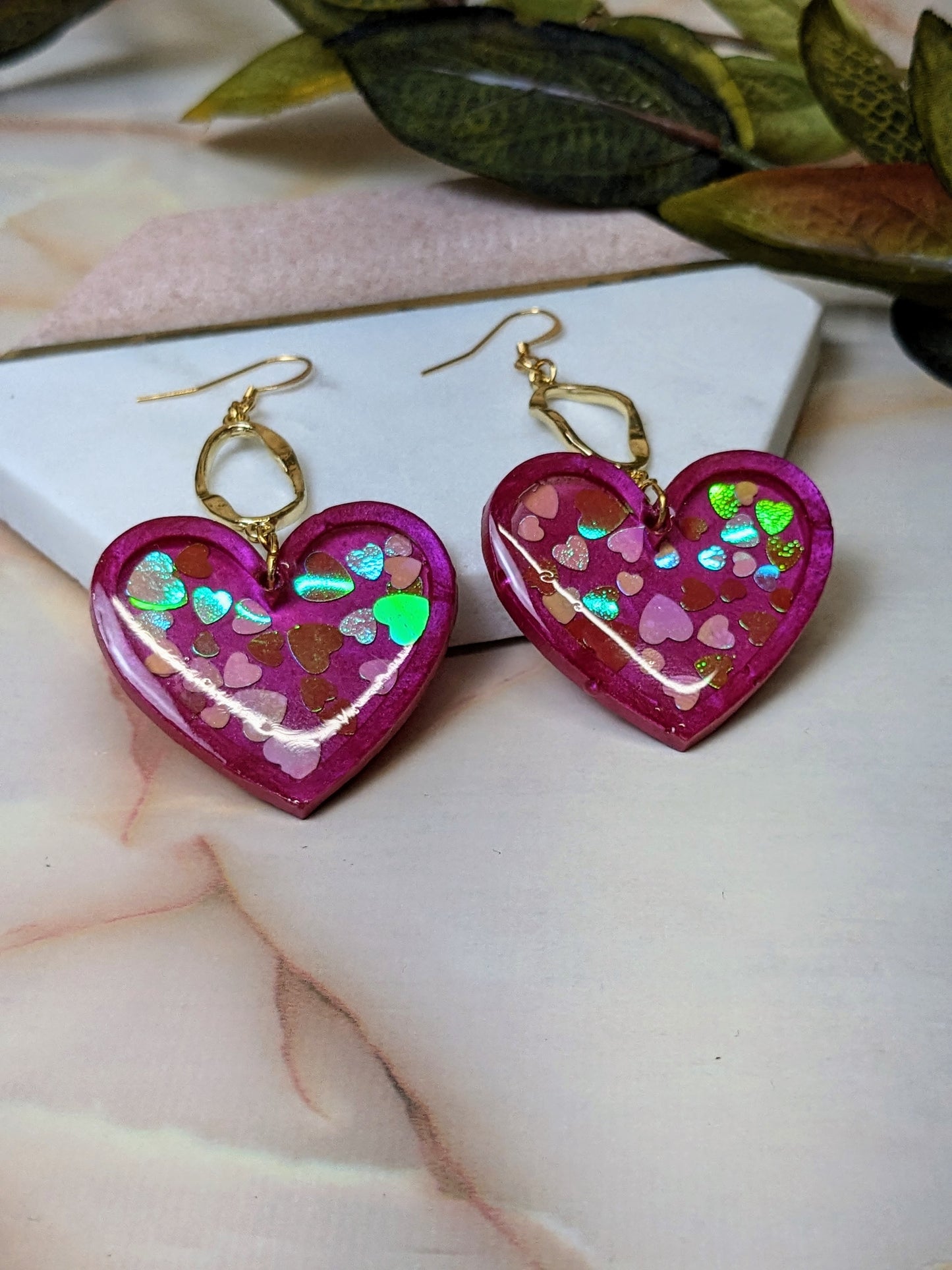 "Carys" Heart Confetti Glitter Heart Earrings with Wavy Oval Charm
