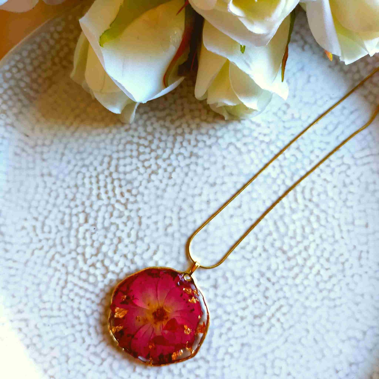 "Cassia" Rose Real Flowers & Gold Leaf Necklace