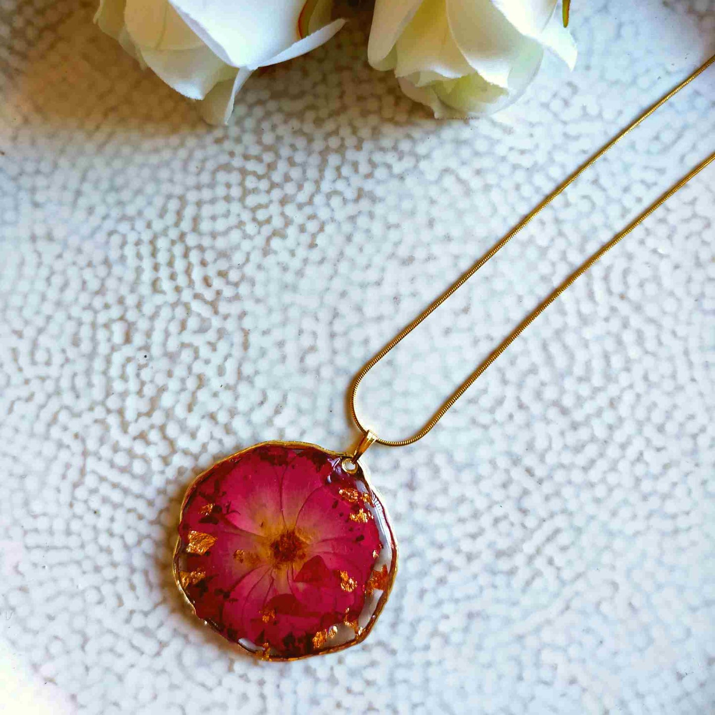"Cassia" Rose Real Flowers & Gold Leaf Necklace