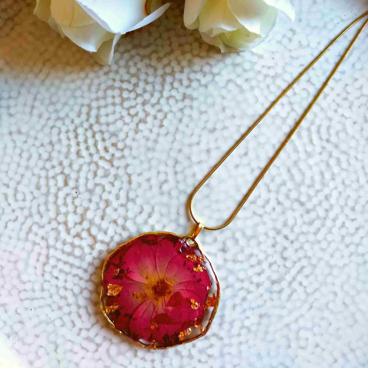 "Cassia" Rose Real Flowers & Gold Leaf Necklace