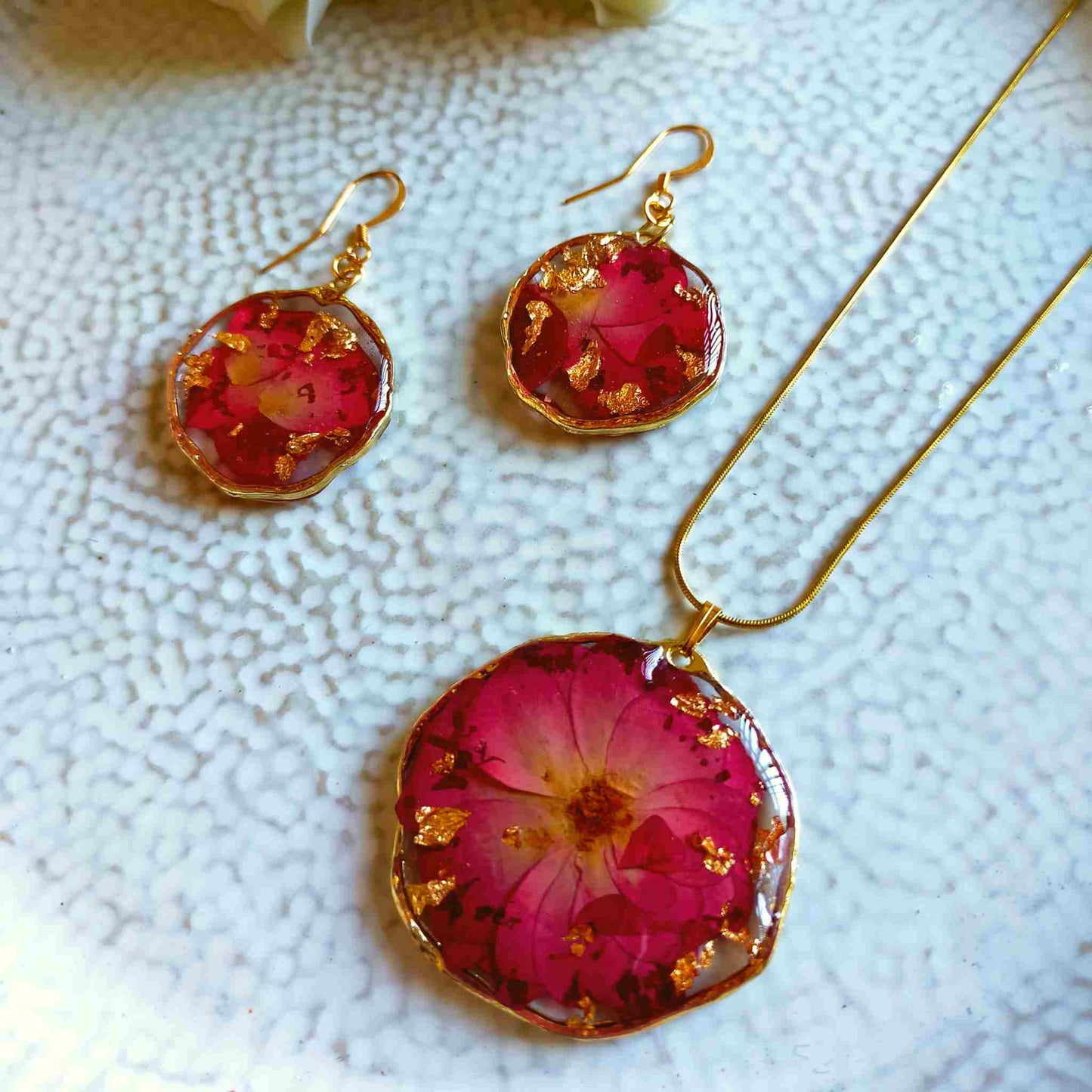"Cassia" Rose Real Flowers & Gold Leaf Necklace