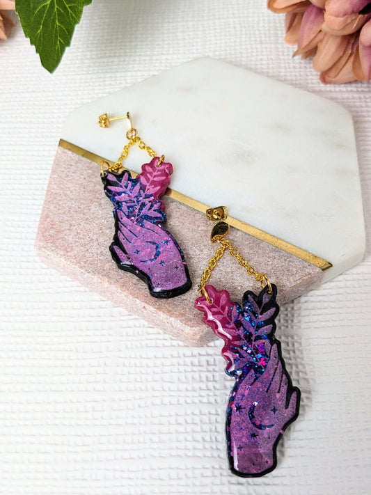 "Celeste Chain" Hands with Branch Resin Dangle Earrings