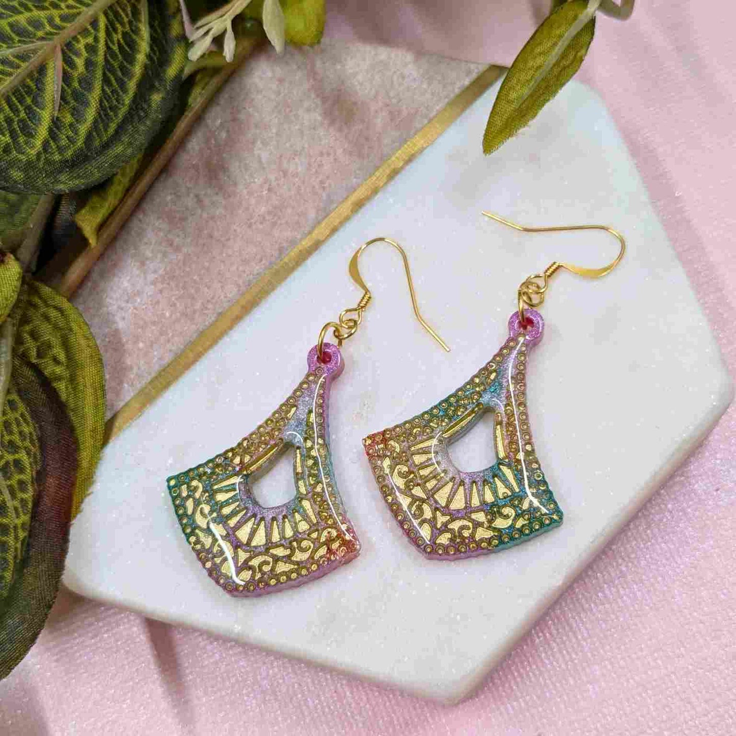 Cleo Aqua & Pink Pattern Resin Dangle Earrings - Gold Detail UK