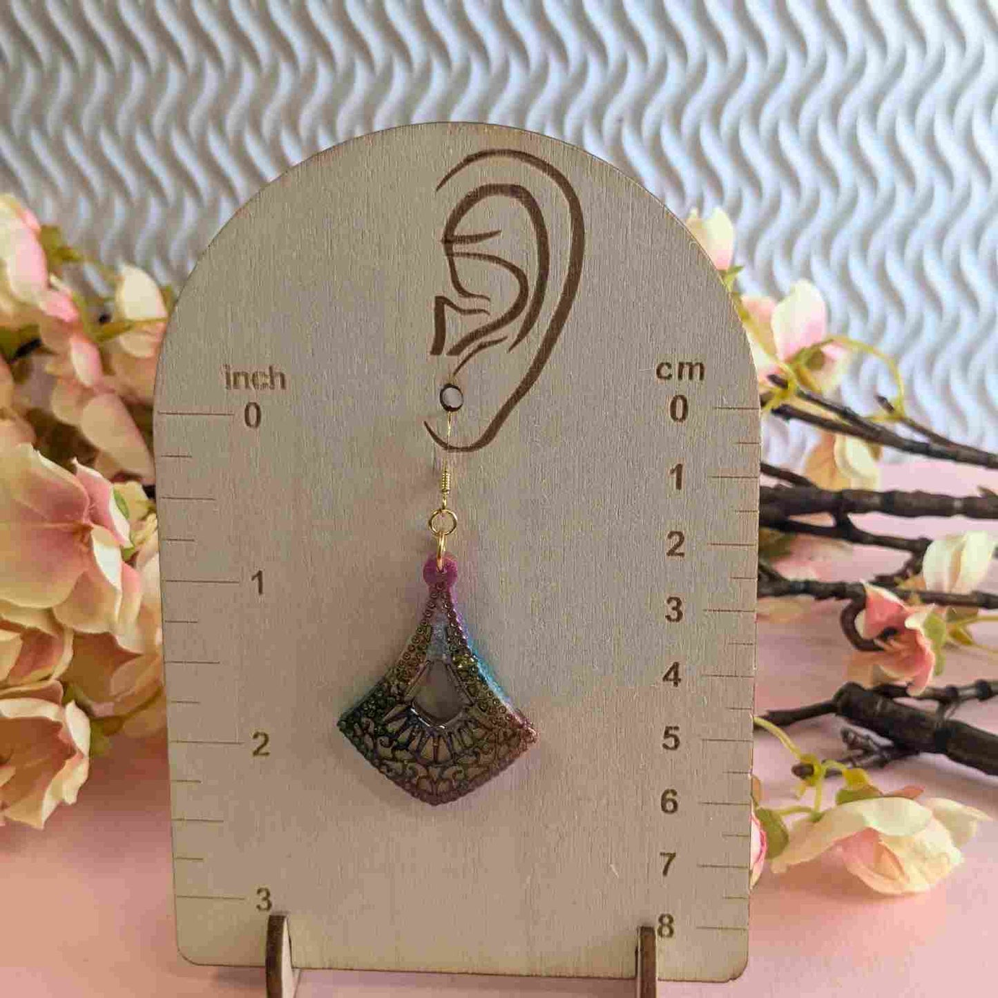 Cleo Aqua & Pink Pattern Resin Dangle Earrings - Gold Detail UK