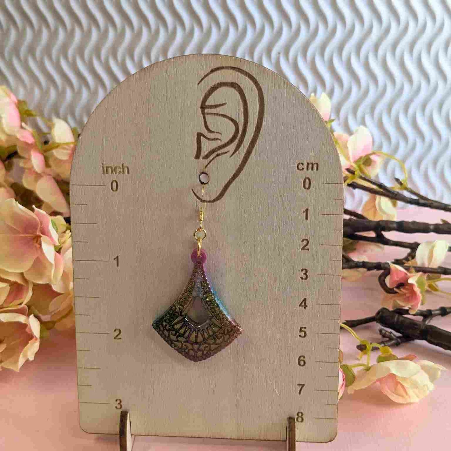 Cleo Aqua & Pink Pattern Resin Dangle Earrings - Gold Detail UK