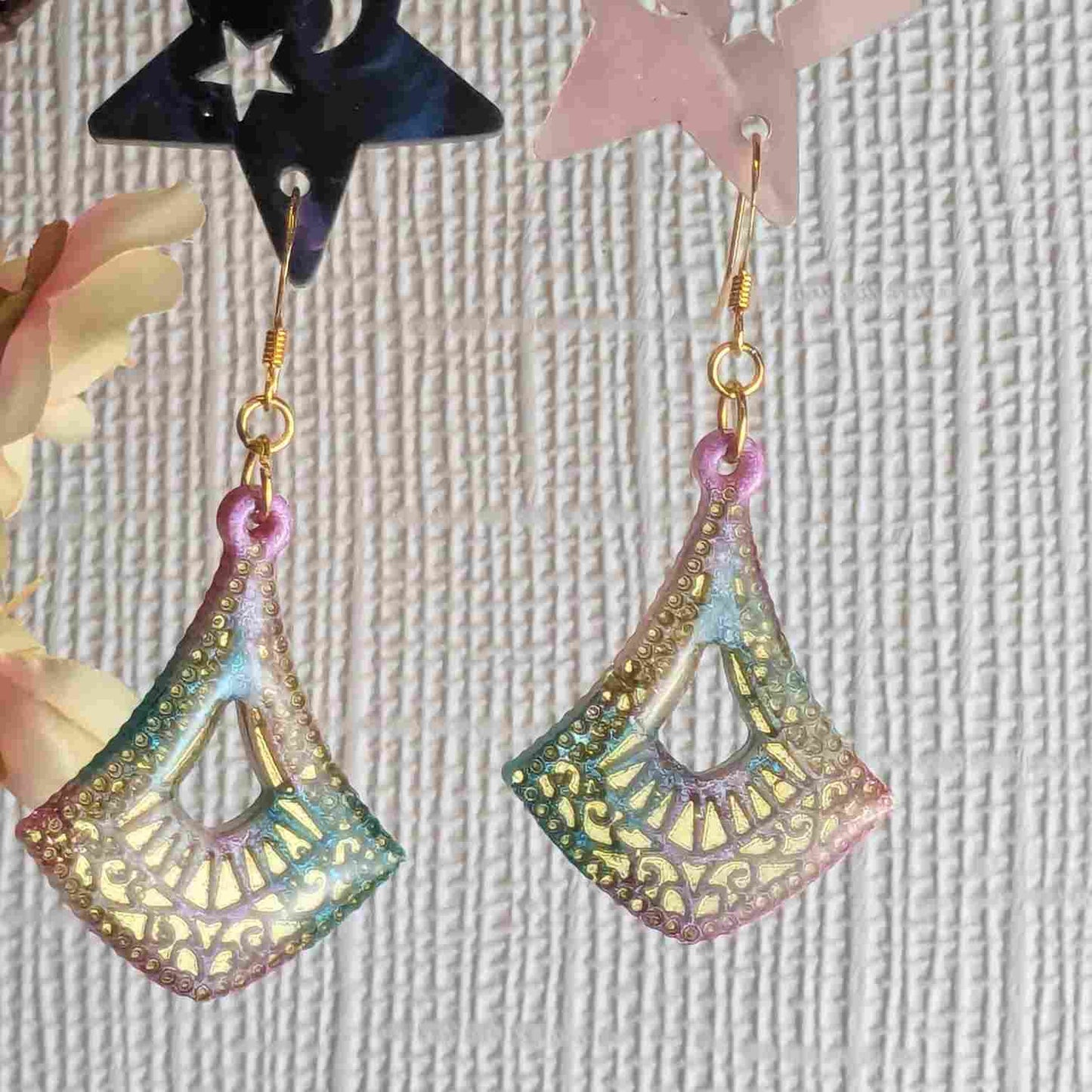 Cleo Aqua & Pink Pattern Resin Dangle Earrings - Gold Detail UK