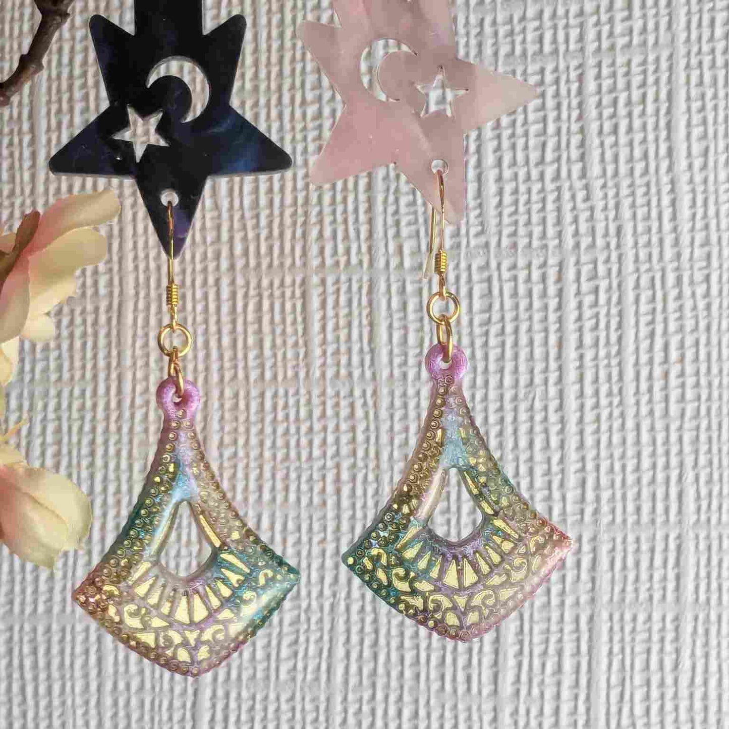 Cleo Aqua & Pink Pattern Resin Dangle Earrings - Gold Detail UK