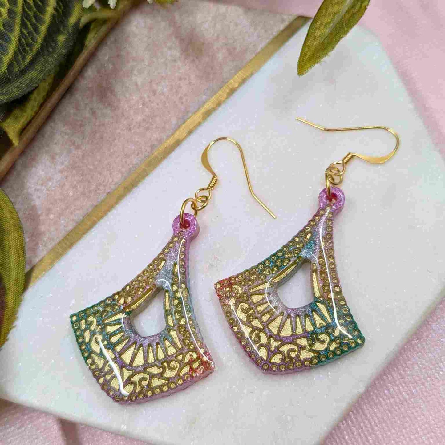 Cleo Aqua & Pink Pattern Resin Dangle Earrings - Gold Detail UK