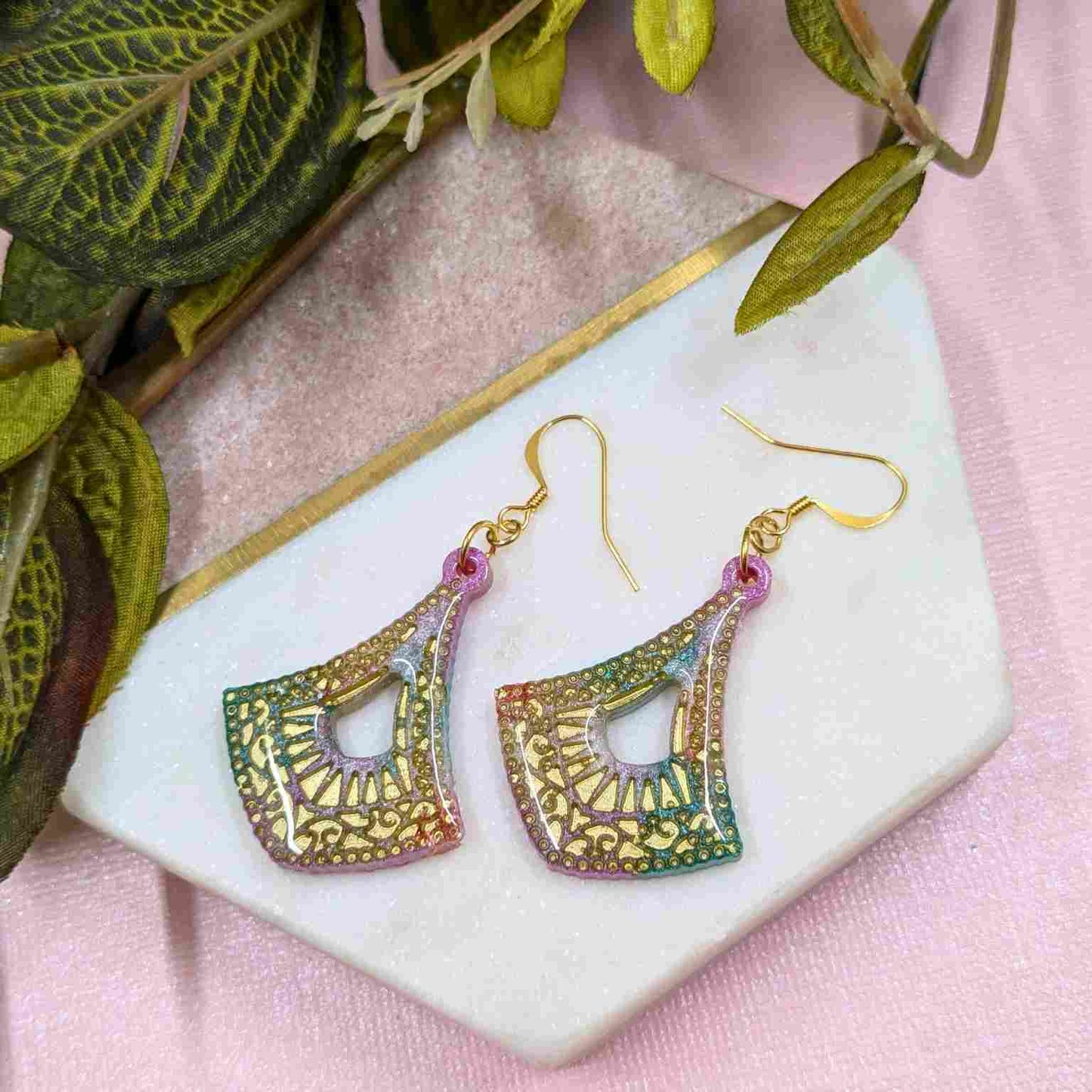Cleo Aqua & Pink Pattern Resin Dangle Earrings - Gold Detail UK