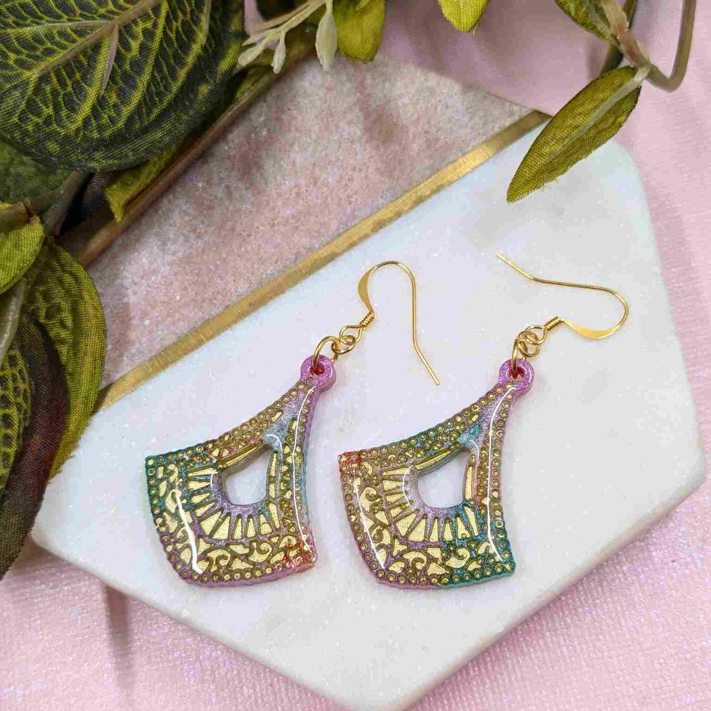 Cleo Aqua & Pink Pattern Resin Dangle Earrings - Gold Detail UK