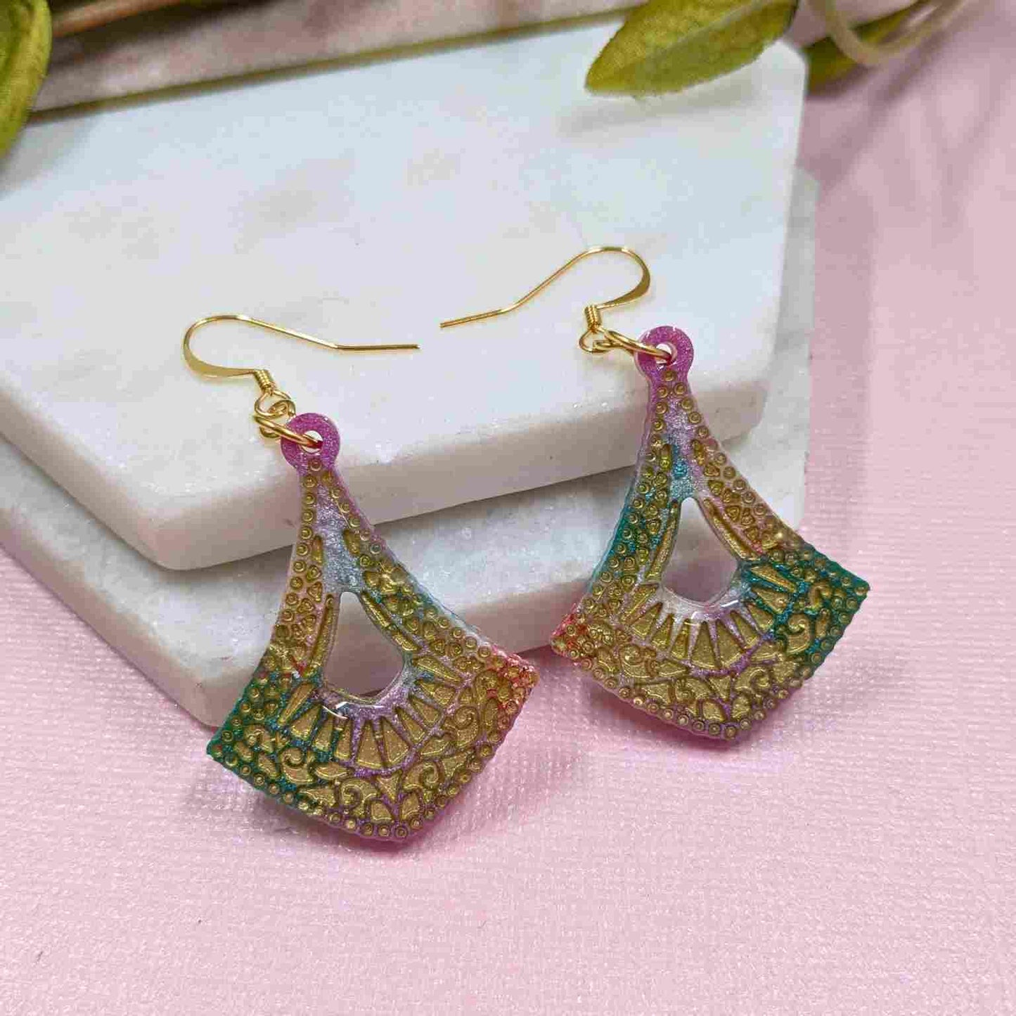 Cleo Aqua & Pink Pattern Resin Dangle Earrings - Gold Detail UK