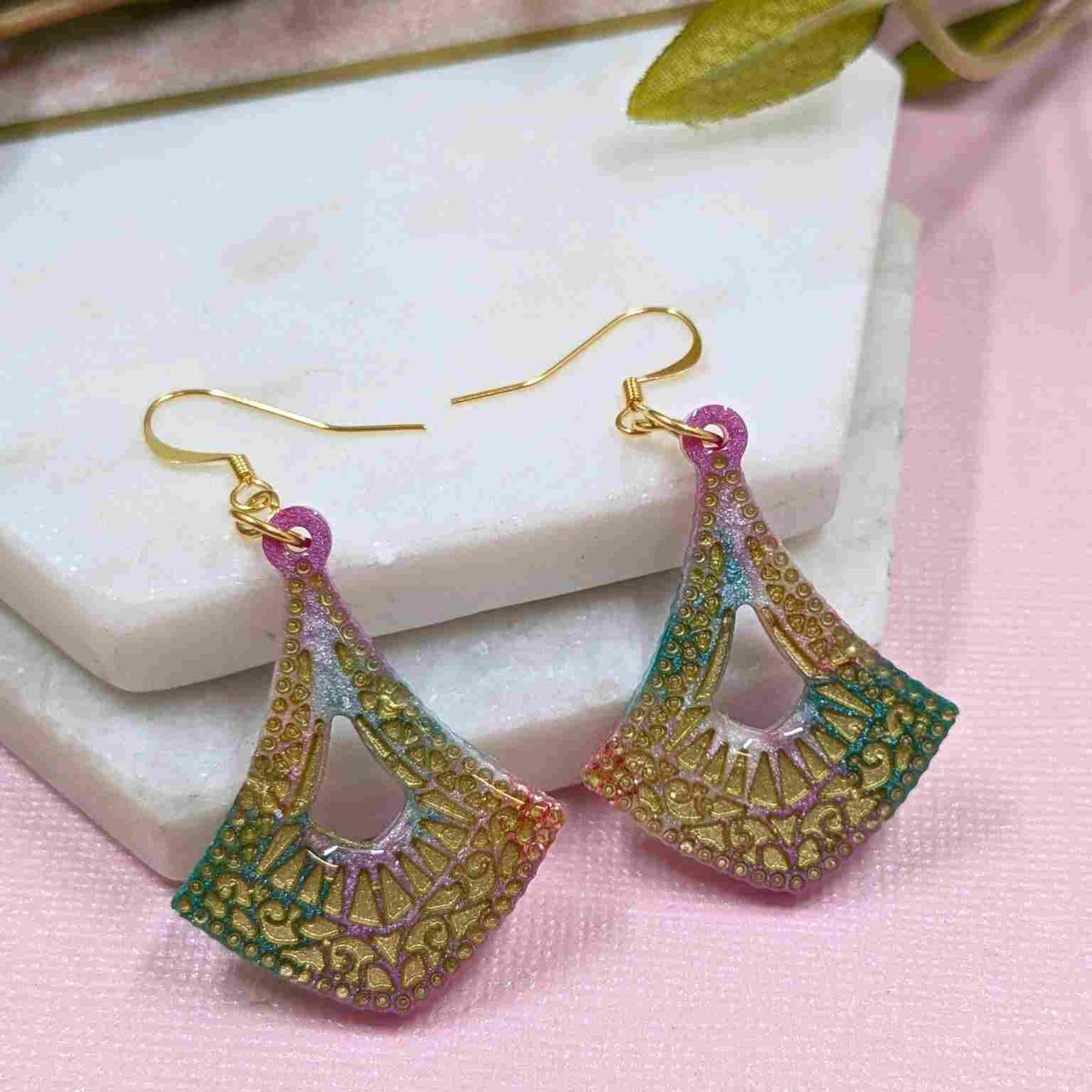 Cleo Aqua & Pink Pattern Resin Dangle Earrings - Gold Detail UK