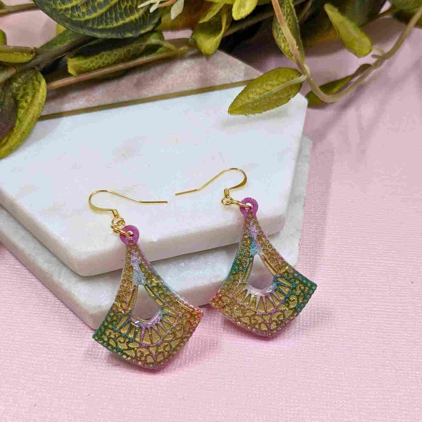 Cleo Aqua & Pink Pattern Resin Dangle Earrings - Gold Detail UK