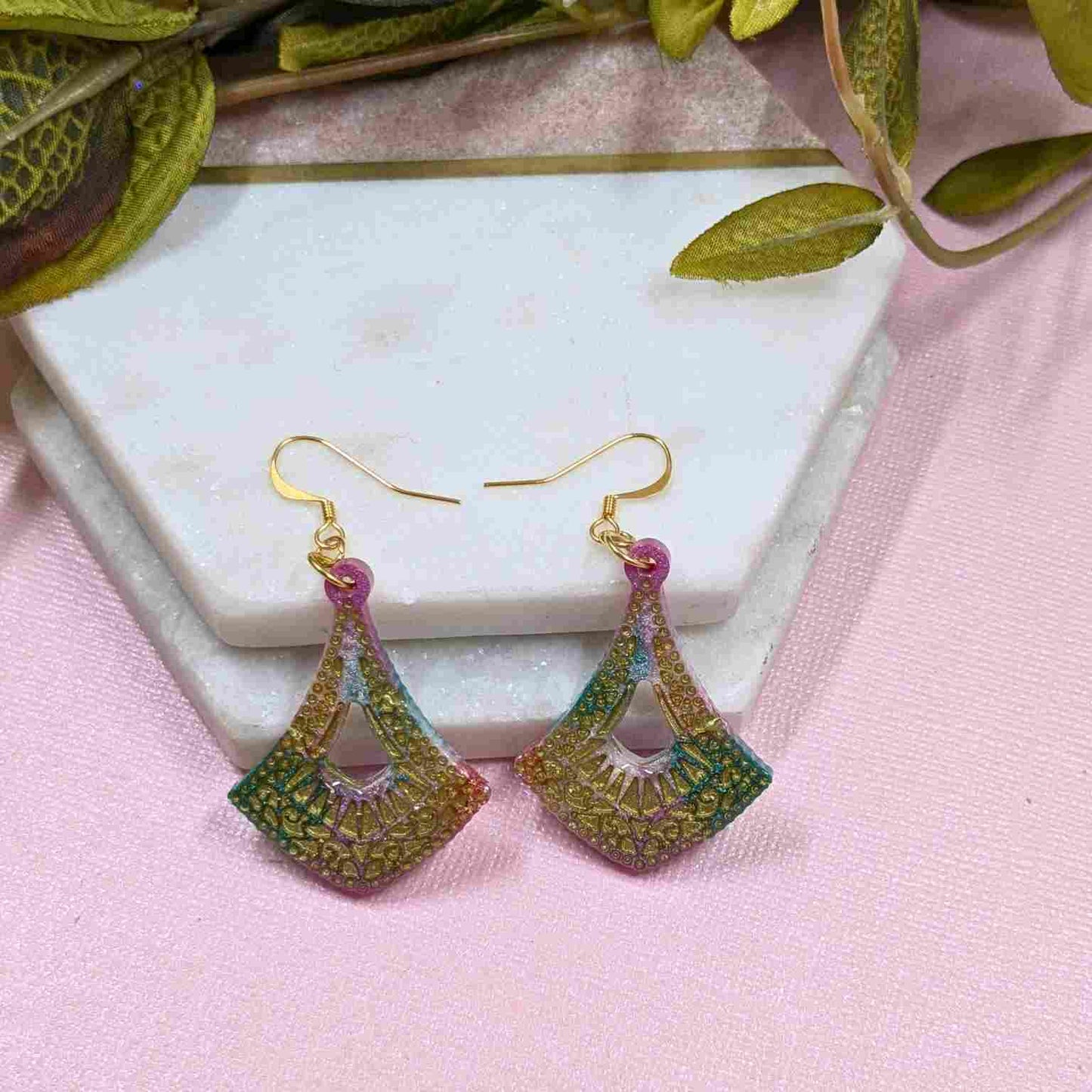 Cleo Aqua & Pink Pattern Resin Dangle Earrings - Gold Detail UK