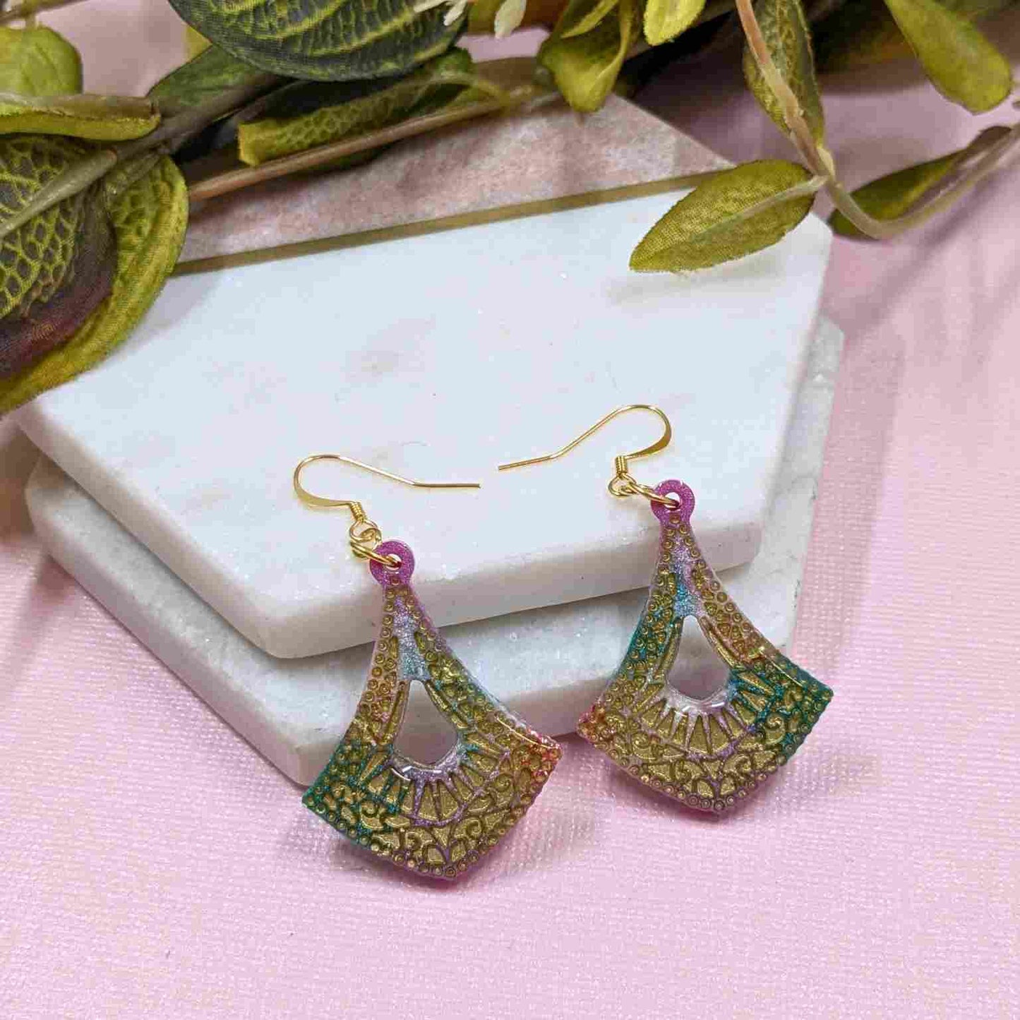 Cleo Aqua & Pink Pattern Resin Dangle Earrings - Gold Detail UK