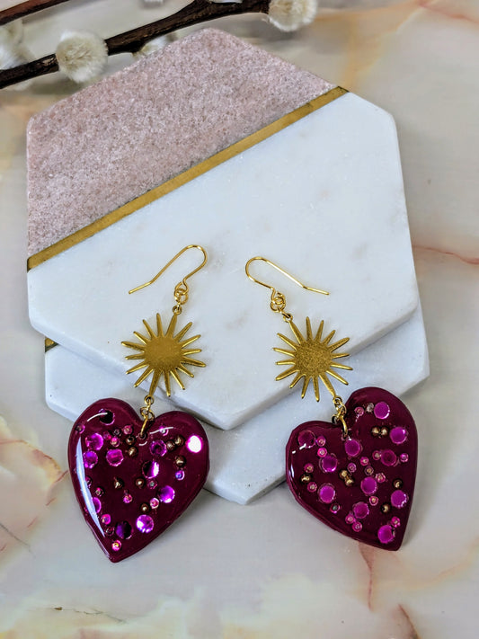 "Cordelia" Jewelled Polymer Clay Heart with Brass Sun Charm