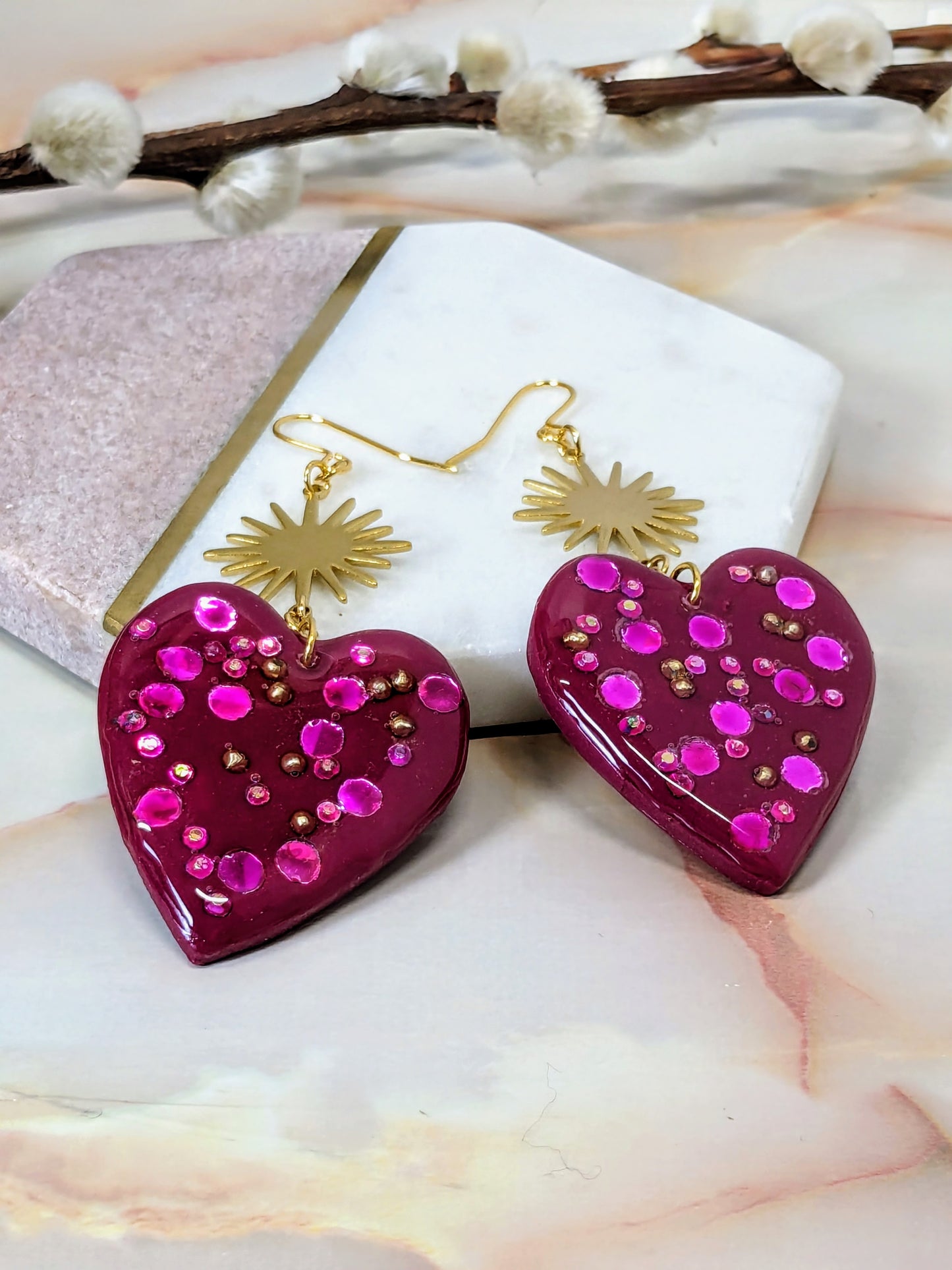 "Cordelia" Jewelled Polymer Clay Heart with Brass Sun Charm